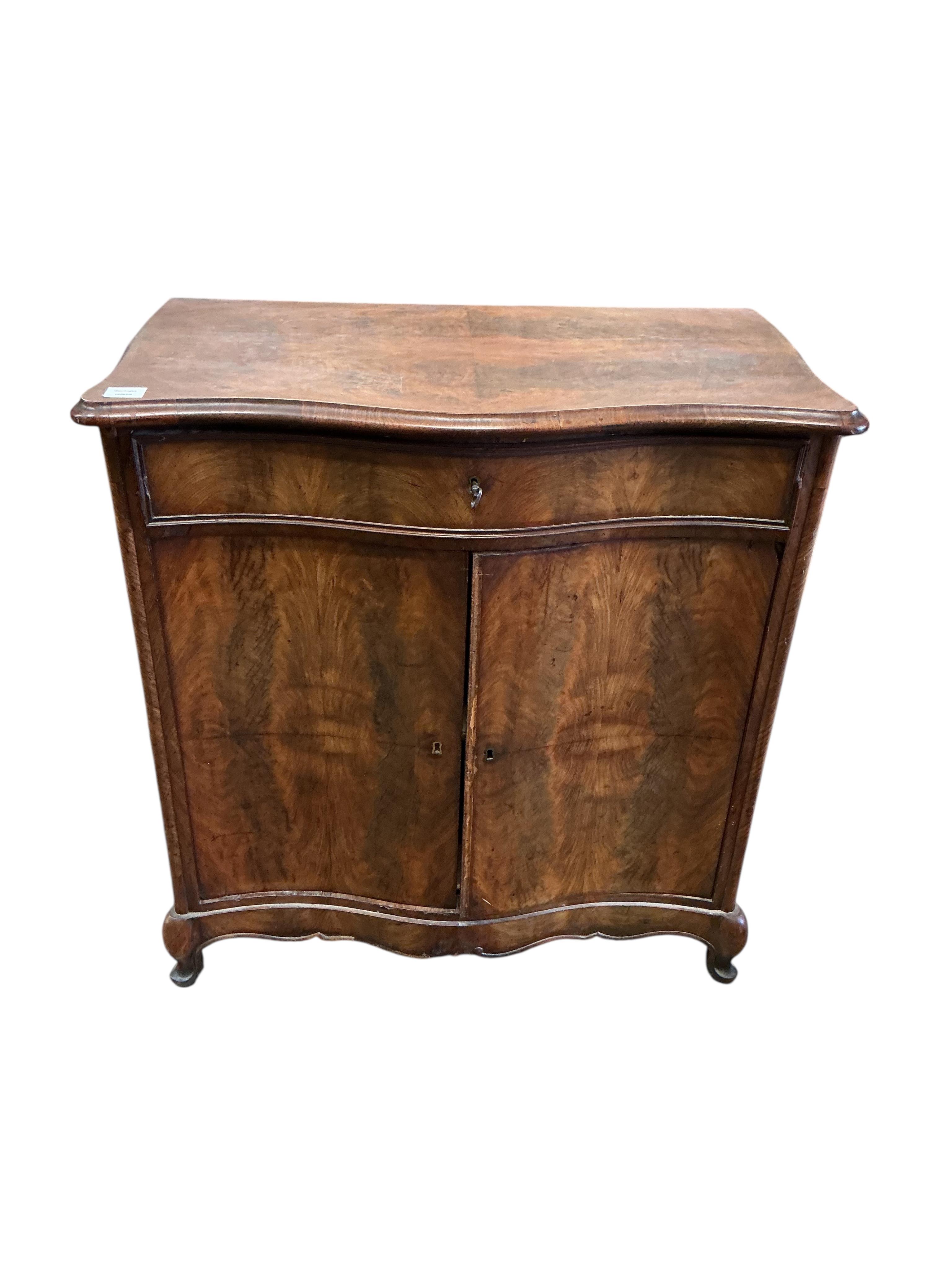 A 19th century French serpentine side cabinet, width 84cm, depth 46cm, height 88cm